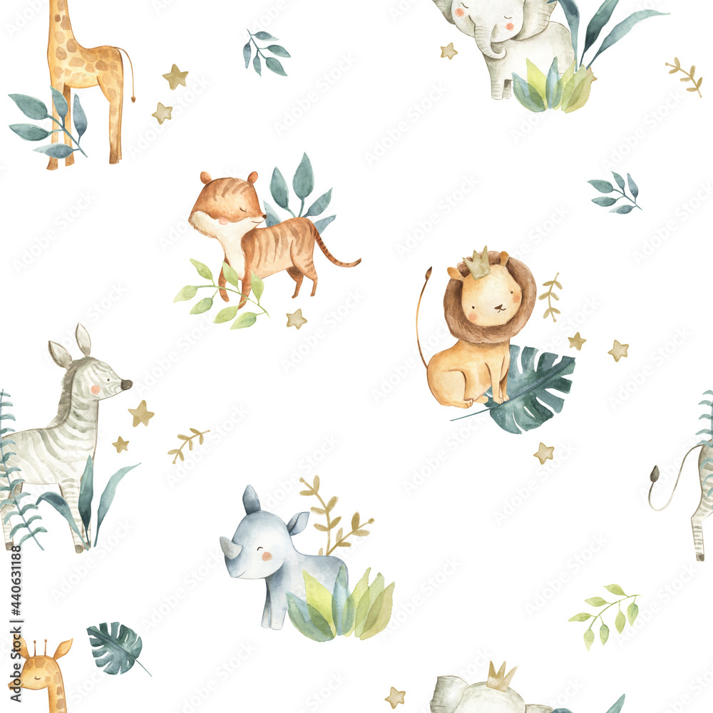 Safari Animals Watercolor Baby Nursery Seamless Pattern White - obrazy, fototapety, plakaty 