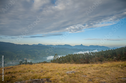 A beautiful landscape of hills and fields in Sri Lanka