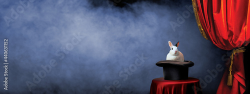 Magician top hat and rabbit on a smoke-filled theatre stage