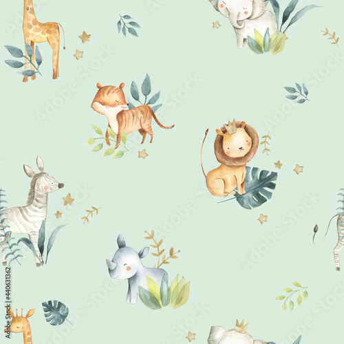 Safari Animals Watercolor Baby Nursery Seamless Pattern Green