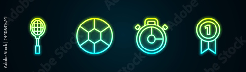 Set line Tennis racket, Football ball, Stopwatch and Medal. Glowing neon icon. Vector