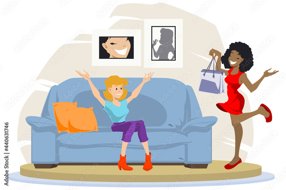 Successful shopping. Girl shows off purchase. Two cheerful girlfriend. Illustration for internet and mobile website. Successful shopping. Girl shows off purchase. Two cheerful girlfriend. Illustration for internet and mobile website.