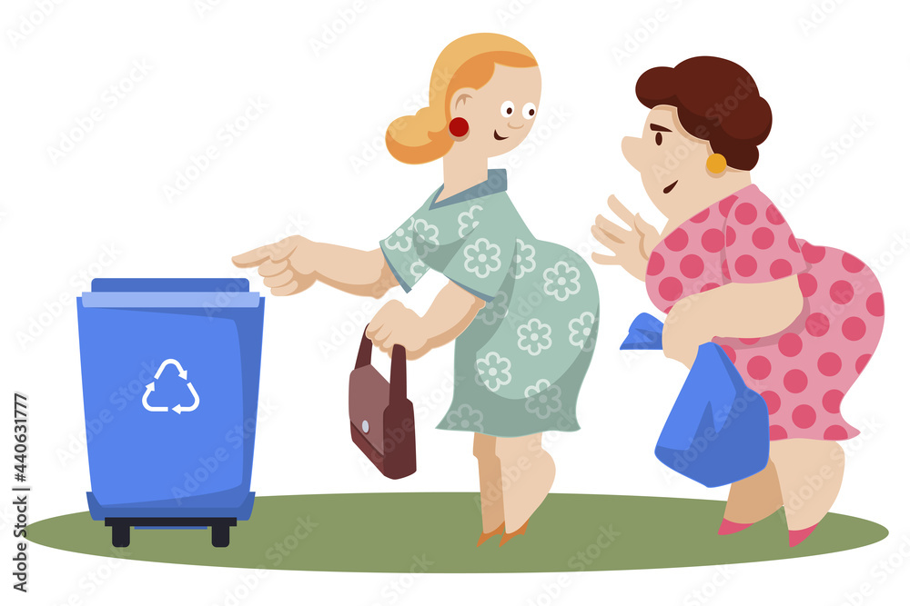 Girl near garbage container. Woman beside trash can. Illustration for internet and mobile website. Girl near garbage container. Woman beside trash can. Illustration for internet and mobile website.