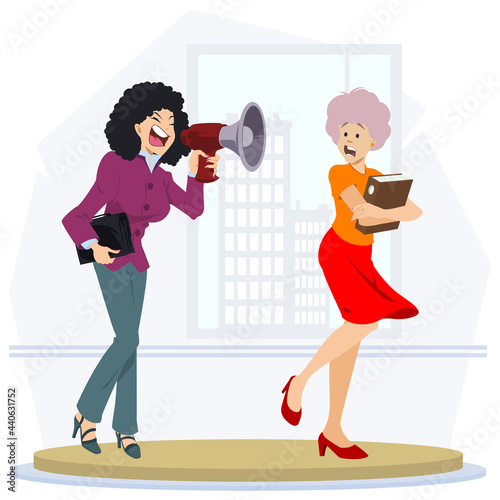 Businesswoman yelling with megaphone to her female employee. Angry boss. Illustration for internet and mobile website.