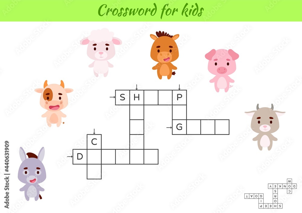 Fototapeta premium Crossword for kids with pictures of animals. Educational game for study English language and words. Children activity printable worksheet. Includes answers. Vector stock illustration