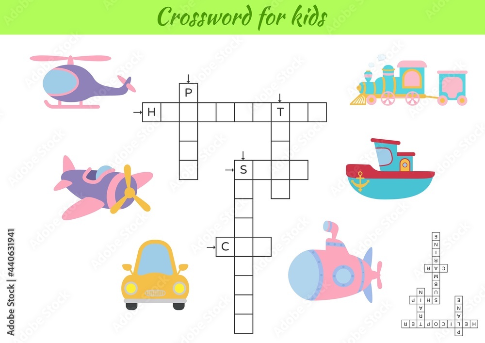 Naklejka premium Crossword for kids with pictures of transport. Educational game for study English language and words. Children activity printable worksheet. Includes answers. Vector stock illustration