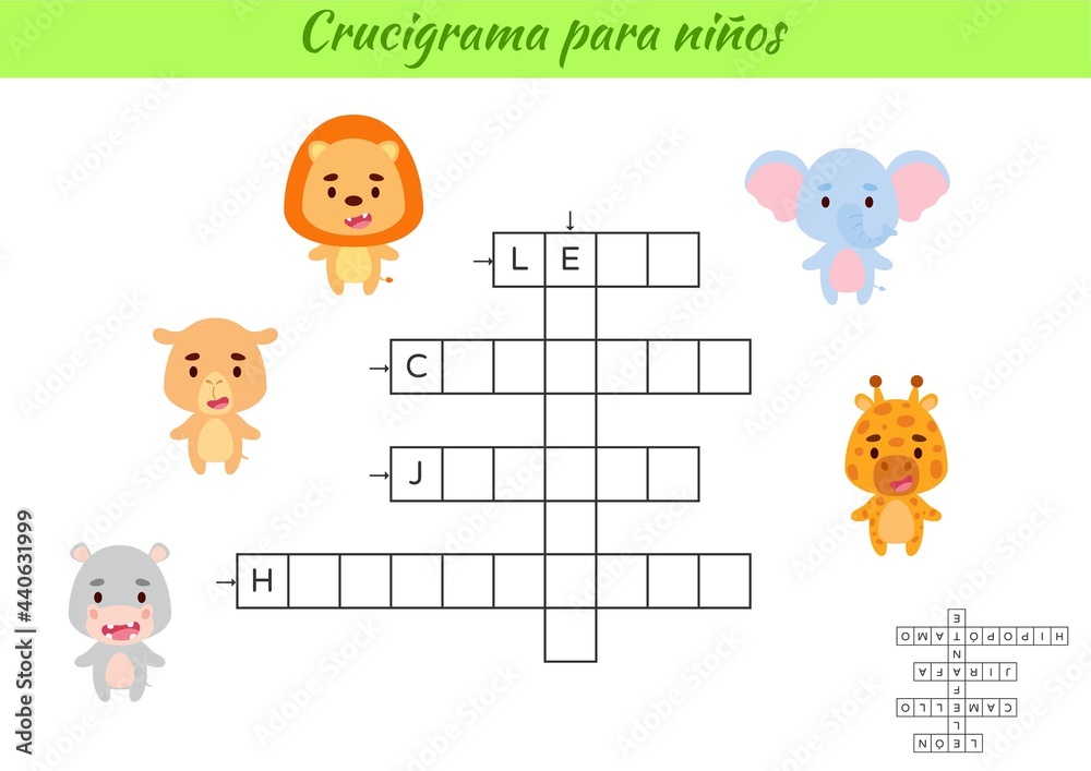 Vetor de Crossword for kids in Spanish with pictures of animals Vetor de Crossword for kids in Spanish with pictures of animals