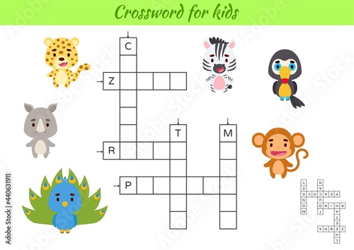 Crossword for kids with pictures of animals. Educational game for study English language and words. Children activity printable worksheet. Includes answers. Vector stock illustration