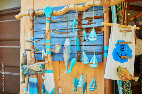 Fototapeta Naklejka Na Ścianę i Meble -  Beautiful wooden fishes for sale on a street of Mediterranean town of Collioure