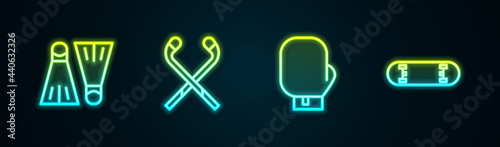 Set line Rubber flippers for swimming, Ice hockey sticks, Boxing glove and Skateboard trick. Glowing neon icon. Vector