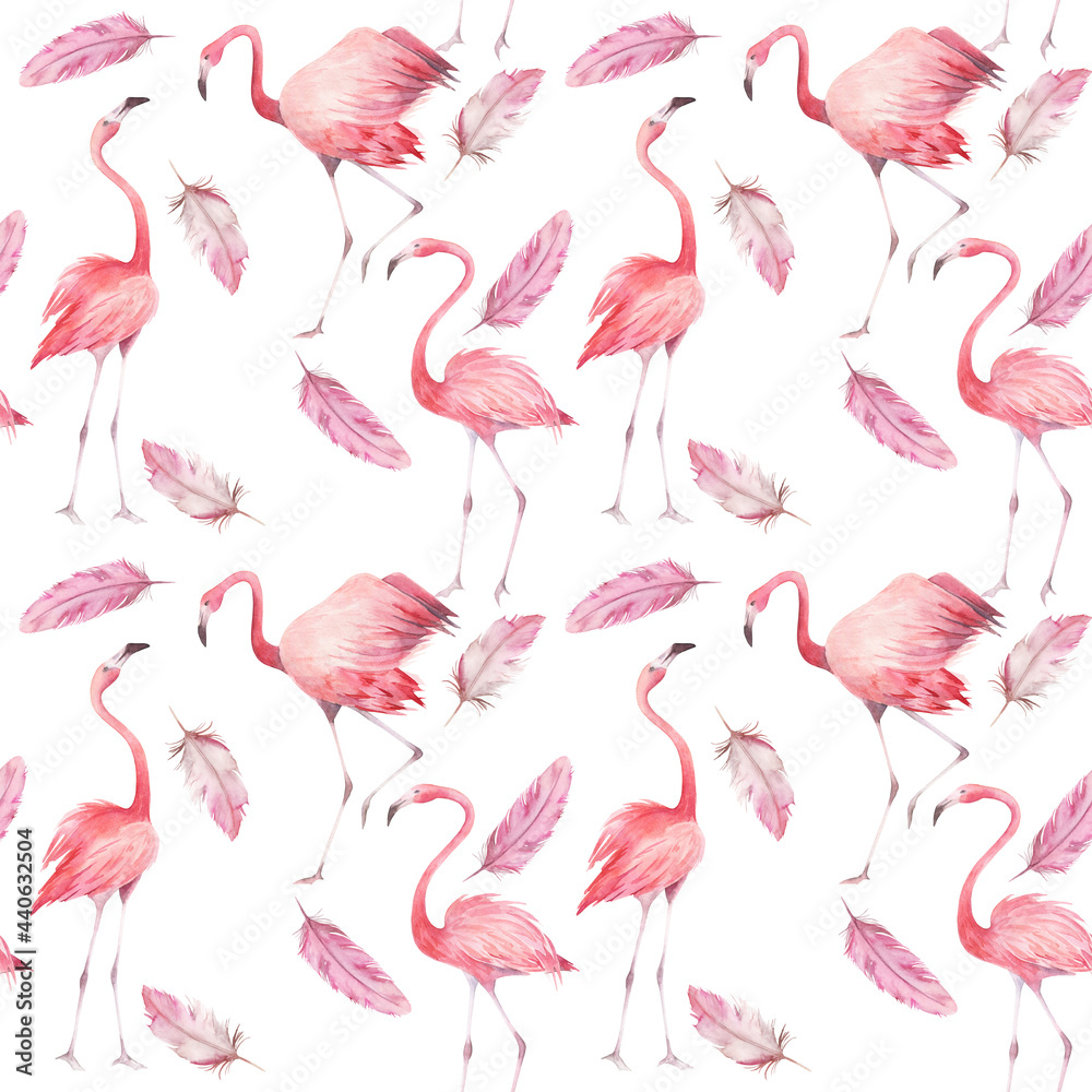 Watercolor seamless pattern with exotic flamingo. Summer decoration print for wrapping, wallpaper, fabric