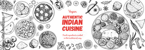 Indian food illustration. Hand drawn sketch. Indian cuisine. Vector illustration. Menu background. Engraved style.