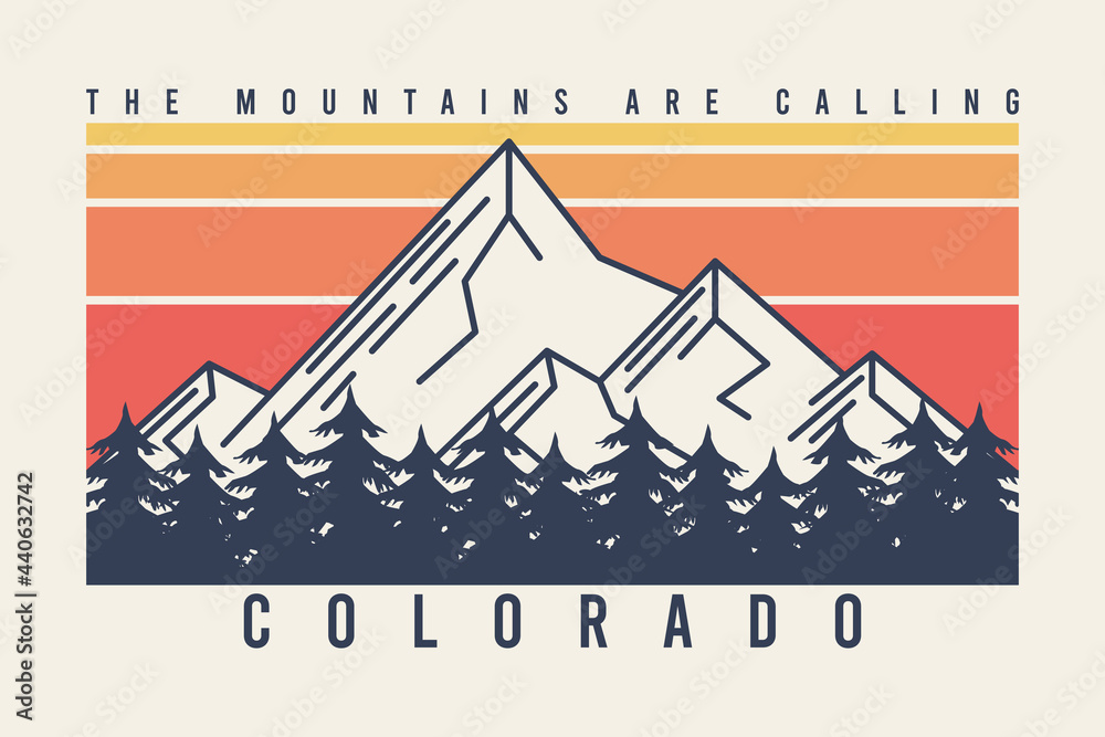 Colorado t-shirt design with mountains and fir trees or forest. Typography graphics for tee shirt with mountain in line style, color stripes, trees and slogan. Apparel print. Vector illustration.