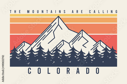 Colorado t-shirt design with mountains and fir trees or forest. Typography graphics for tee shirt with mountain in line style, color stripes, trees and slogan. Apparel print. Vector illustration.