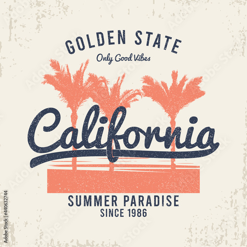 California t-shirt design with palm trees, grunge and slogan. Typography graphics for vintage tee shirt. California apparel print. Vector illustration.