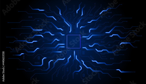 Background with glowing microcircuits and a processor. Electrical impulses run along the paths. Abstract blue technological motherboard.