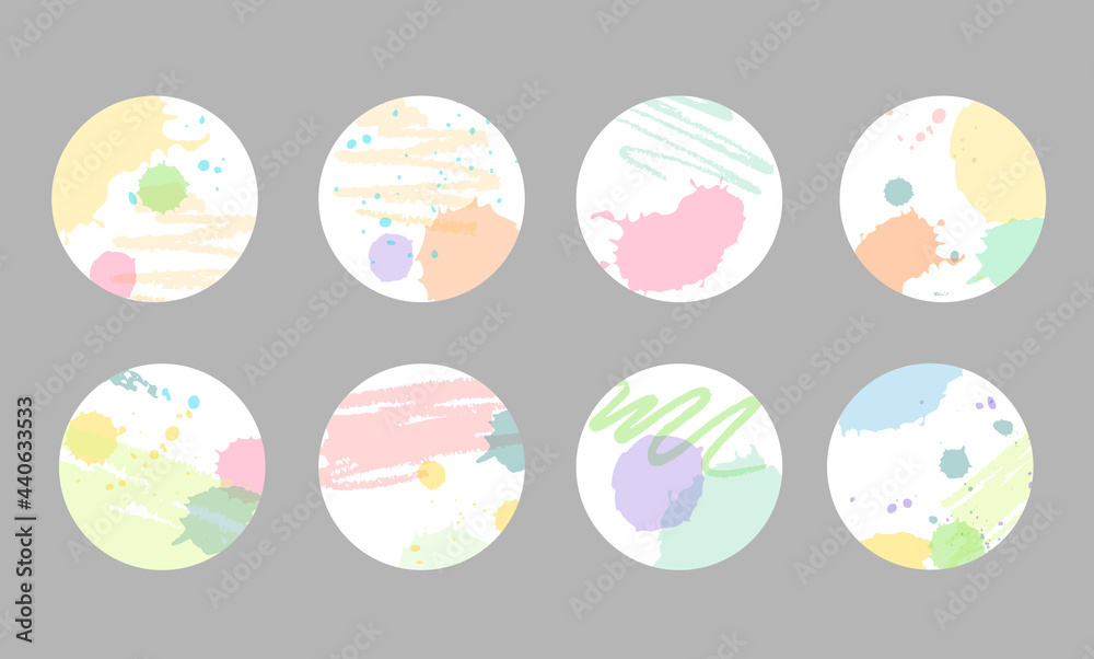 Collection of highlight story covers for instagram. Abstract instagram icons set.  Story covers with splashes. Pastel colors.
Hand drawn doodle abstract highlight.