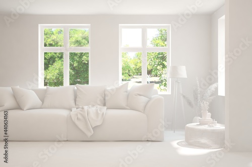 Mock up of stylish room in white color with sofa and green landscape in window. Scandinavian interior design. 3D illustration