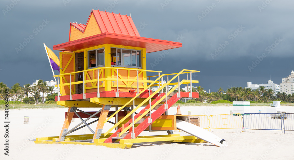 Miami beach lifeguard tower station. Lifeguard tower in Miami, USA. Summer vacation Miami beach lifeguard tower station. Lifeguard tower in Miami, USA. Summer vacation