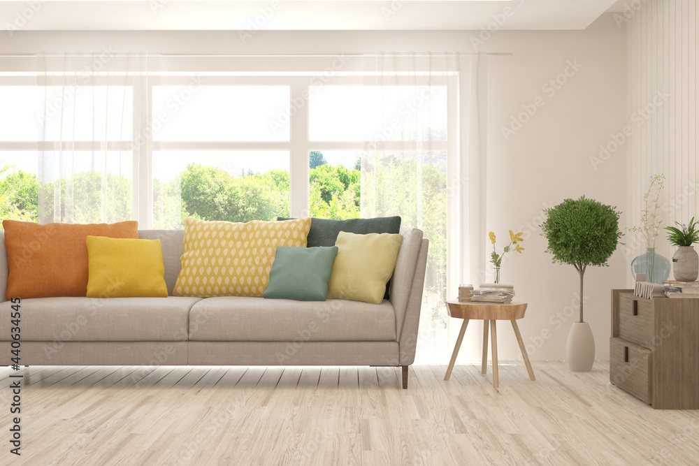 White living room with sofa and summer landscape in window. Scandinavian interior design. 3D illustration White living room with sofa and summer landscape in window. Scandinavian interior design. 3D illustration