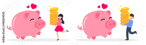 Man and woman carrying a stack of golden money coins to happy pink piggy bank. The creative financial concept of savings. Simple trendy cute cartoon vector illustration. Flat style graphic design.