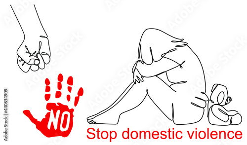 Domestic violence against a child. an inscription in English about the rescue, a linear drawing of a man's fist and a child sitting on the floor with a toy, a red palm with a protest