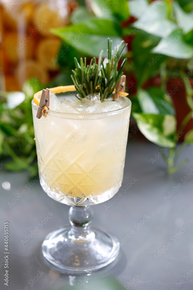 Drink with rosemary. A refreshing cocktail with alcohol. fruit drink.
