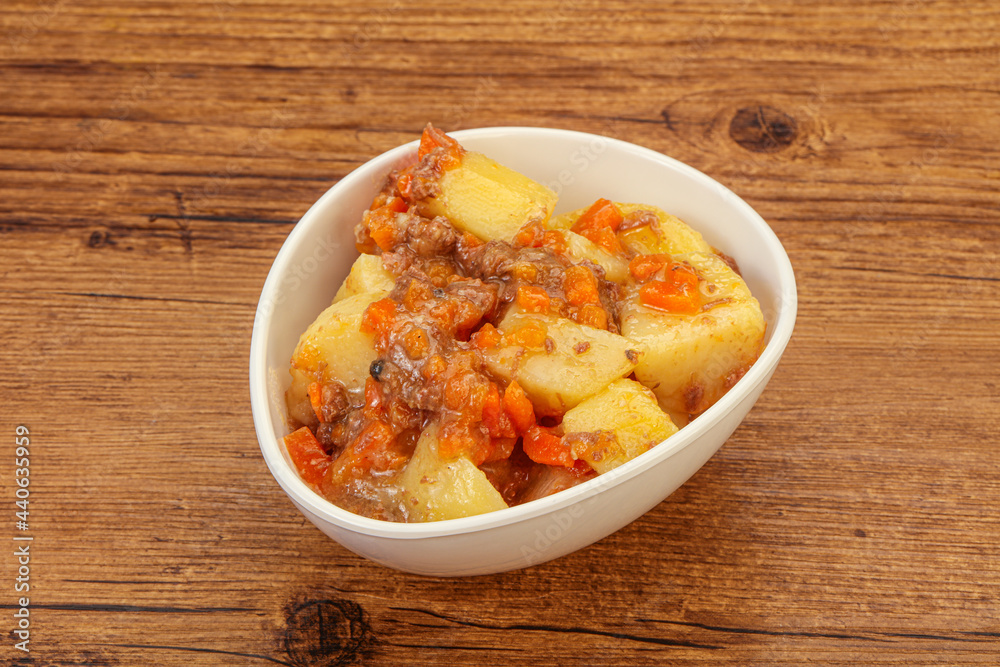 Roasted potato and beef with sauce Roasted potato and beef with sauce