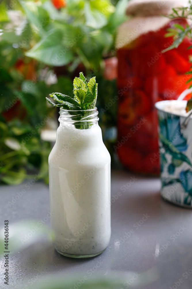 Milk cocktail with chia seeds and mint. Milk cocktail with chia seeds and mint.