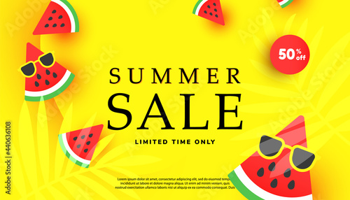 Summer sale vector illustration with tropical leaves background. Promotion banner for website, flyer and poster. Vector illustration