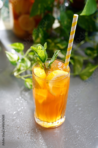Drink with orange juice and ice. Refreshing drink, culinary photography.