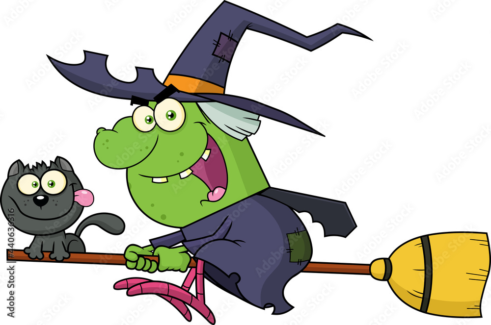 Ugly Witch And Cat Flying On A Broom Stick Cartoon Characters