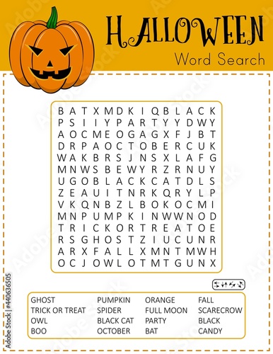 Halloween word search puzzle. Educational game for kids. Funny holiday crossword. Printable festive colorful worksheet for learning English words. Pumpkin vector illustration