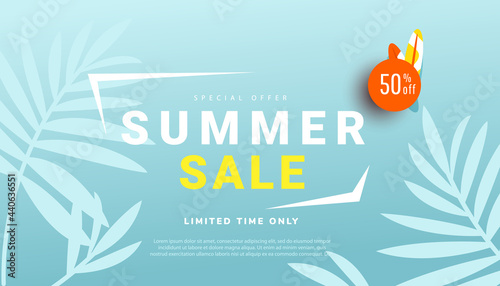 Summer sale vector illustration with tropical leaf background. Promotion banner for website, flyer and poster. Vector illustration