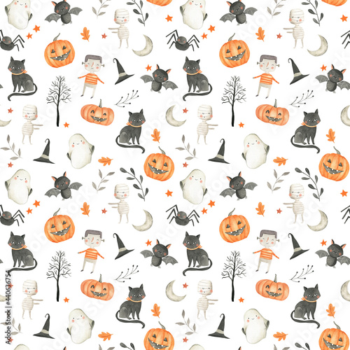 Fototapeta Naklejka Na Ścianę i Meble -  Halloween Watercolor cute digital pattern for kids 