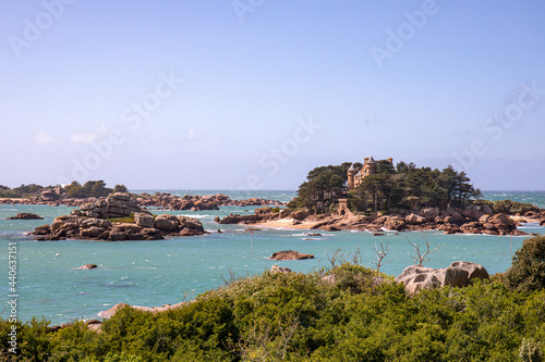 Castle on an island in the bay of Ploumanach, Cotes d'Armor, Brittany, France
