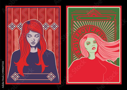 Beauty Young Women Portraits, Psychedelic Colors, Art Deco Backgrounds, Vintage Posters Stylization 