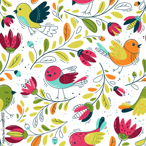Flock of funny birds and flower - Seamless pattern. Vector Loop pattern for fabric  textile  wallpaper  posters  gift wrapping paper  napkins  tablecloths. Print for kids  children. Children s pattern