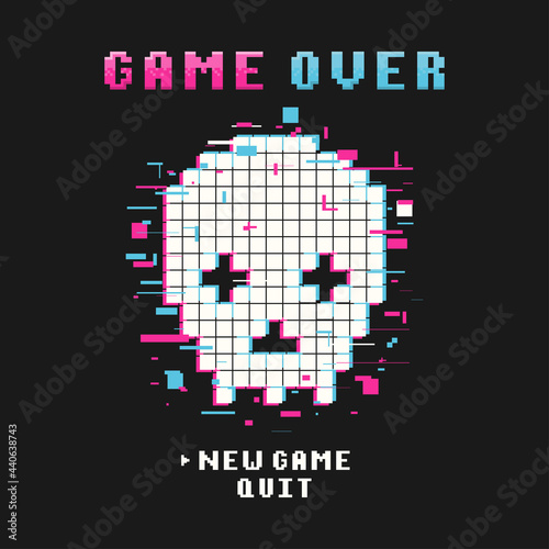 Gamers t-shirt design with glitch pixel skull and pixel text and slogan. Typography graphics for tee shirt with pixelated glitchy skull. Slogan print for video game concept. Vector illustration.