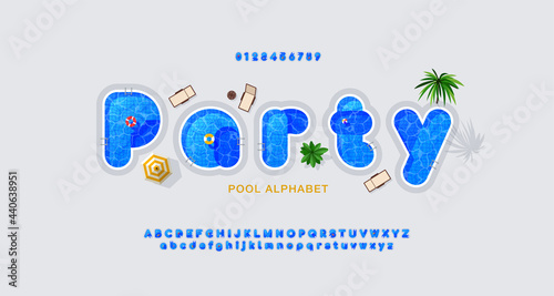 Vector pool alphabet and font. Top view on a letters filled with water. Latin alphabet from A to Z and numbers from 0 to 9. English typeface for summer party and travel.