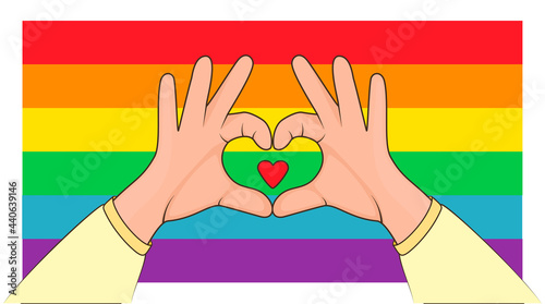 Concept of LGBT pride. Love sign shapes heart with both hands. LGBTQ people Making Heart with Hands on a LGBT rainbow flag background