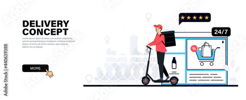 Delivery man riding an electric scooter. Courier delivering food. On background webpage for quick order products and fast delivery around the clock, big city and gps pointers.