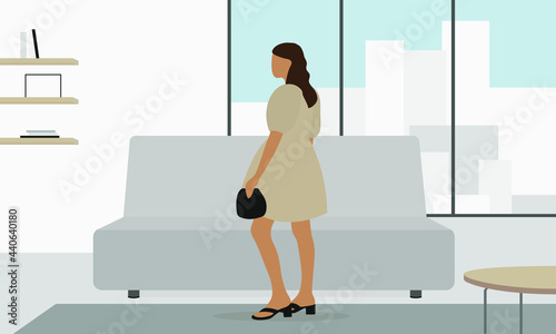 A young female character in a beautiful dress and with a handbag in her hand is standing in the room near the sofa