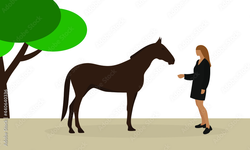 Female character stretches out her hand to a horse in nature Female character stretches out her hand to a horse in nature