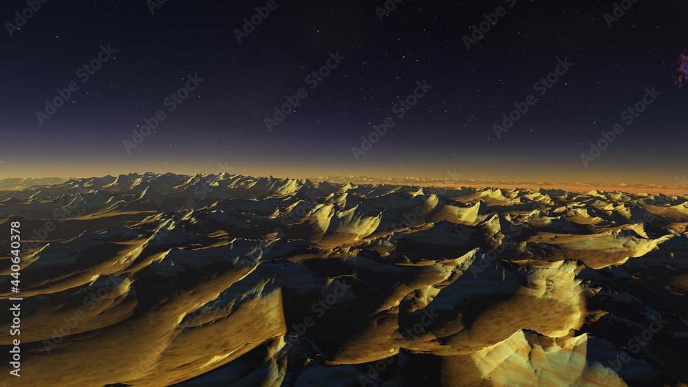 Obraz premium alien planet landscape, science fiction illustration, view from a beautiful planet, beautiful space background 3d render