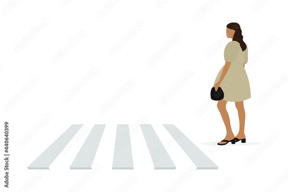 Female character in a beautiful dress and with a handbag in her hand stands in front of a pedestrian crossing on a white background Female character in a beautiful dress and with a handbag in her hand stands in front of a pedestrian crossing on a white background