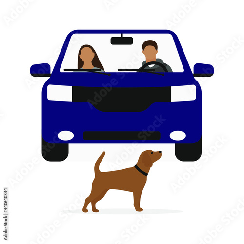 A dog with a collar stands in front of a car with a driver and a passenger on a white background
