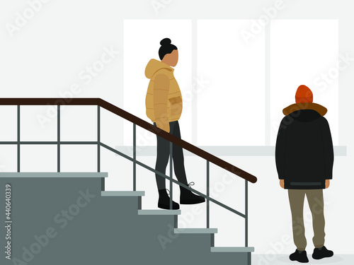 Female character and male character in warm clothes together on the staircase