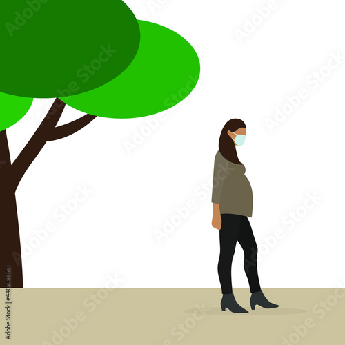 Pregnant female character in medical mask walking outdoors