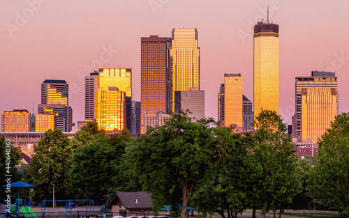 The skylines of downtown Minneapolis under golden hour 